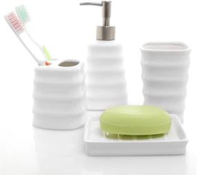 img 4 attached to 🛁 Ribbed White Ceramic Bathroom Accessory Set with Toothbrush Holder, Tumbler, Soap Dish, and Dispenser by MyGift