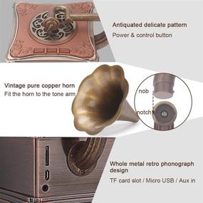 img 3 attached to 🎵 MEAGEAL Vintage Retro Bluetooth Speaker - Mini Gramophone Shape, USB Wireless Speaker with Stereo Sound, Copper Horn, Aluminum Body, 3.5mm Aux, TF Card