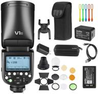 📸 godox v1-s ttl вспышка speedlite, высокоскоростная синхронизация с li-ion батареей и набор аксессуаров godox ak-r1 - совместим с камерами sony, 76ws, 2.4g, 1/8000s, 2600mah круглая голова. логотип