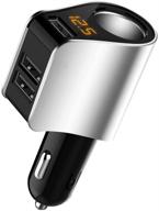 🔌 silver car charger extension cigarette lighter adapter, socket splitter with 3 usb, voltage meter - compatible with iphone 8/7/x/6s/xr, ipad, samsung galaxy s9/s8, gps, android phone logo