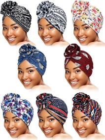 img 4 attached to 🔮 Bohemian Print Pre-Tied Turbans: SATINIOR 8-Piece African Pattern Knot Headwrap Flower Knot Bonnet Hats for Women and Girls