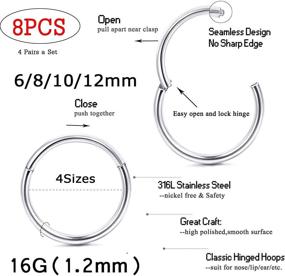 img 3 attached to Jstyle 8Pcs Surgical Steel Hinged Clicker Segment Nose Rings - Improved Design for Helix, Cartilage, Daith, Tragus Sleeper Earrings - 16G, 6-12MM | Body Piercing Set