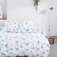 jumeey girls llama queen bedding set alpaca duvet cover: 100% cotton, full 🛏️ size, green cactus & white patterned lamb print for kids - 3 piece set logo