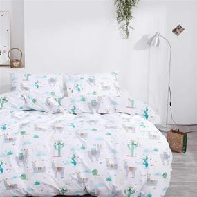 img 1 attached to Jumeey Girls Llama Queen Bedding Set Alpaca Duvet Cover: 100% Cotton, Full 🛏️ Size, Green Cactus & White Patterned Lamb Print for Kids - 3 Piece Set