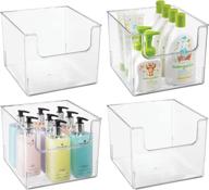 🛁 mdesign plastic open front bathroom storage organizer basket bin - 4 pack - clear - for cabinets, shelves, countertops, bedroom, kitchen, laundry room, closet, garage logo