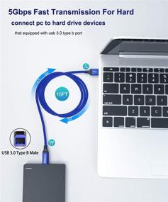 img 1 attached to 🔵 Кабель USB A к USB B 3.0 длиной 10 футов - прочный оплетенный нейлоном мужской кабель AkoaDa для принтеров, мониторов, док-станций и других устройств (синий)