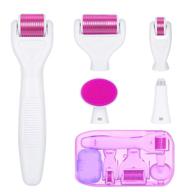 🎯 face and body derma roller kit - 6-in-1 with 0.25mm and 0.3mm micro needle sizes, 5 interchangeable heads, storage case, and disinfection tank logo