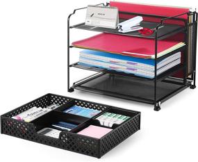 img 3 attached to 📦 Black 4-Trays Mesh Office Supplies Desk Organizer with Drawer and Vertical Upright Section - Perfect for Home and Office Use