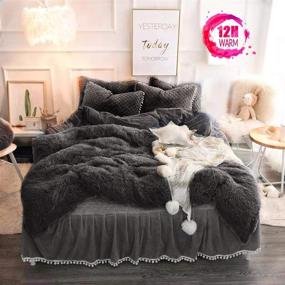 img 4 attached to 🛏️ MUKKA Faux Fur Velvet Fluffy Duvet Cover Set Queen – Plush Shaggy Comforter Cover in Dark Grey