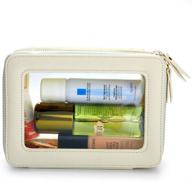 stylish clear makeup bag: leather cosmetic organizer with zipper - ivory logo