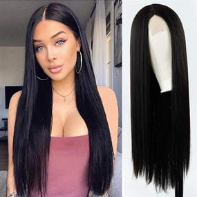 img 4 attached to 💇 XINRAN 30 inch Black Synthetic Long Straight Wigs for Women - Natural Heat Resistant Hair, Looking Sleek and Long (Black)