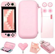 switch pink accessories set, switch pink carrying case, switch pink protective case, adorable thumb grips, headphone adapter, convenient desktop stand, screen protector kit, wrist strap and shoulder strap combo logo