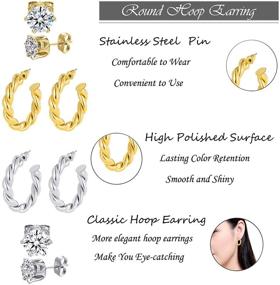 img 2 attached to 💎 Stylish Geometric Hoop Earrings Set for Women Girls - 14K Gold/Silver Plated, Lightweight, Twisted, and with Cubic Zirconia Studs