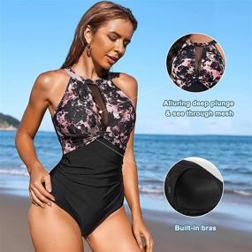 img 3 attached to 🌺 Flattering and Stylish: QACIVIQ Womens Tummy Control One Piece Swimsuit with Floral Print and High Neck Plunge, featuring Mesh Detailing for a Modern Monokini Look