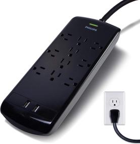 img 4 attached to 💡 Philips 10-Outlet Surge Protector Power Strip with USB Ports, 6 Ft Extension Cord, 2880 Joules Protection, 2.4 AMP/12 Watt, 6 Adapter Spaced Outlets, Flat Plug, Wall Mount, ETL Listed – Black