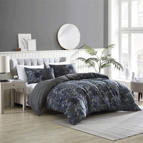 img 4 attached to 🌸 Brielle Camila Floral Printed/Charcoal Reverse Comforter Set - 100% Cotton, Blue/Charcoal, Full/Queen Size