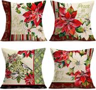 🎄 hopyeer 4set vintage merry christmas flower throw pillow cover: poinsettia red mistletoe xmas blessings quote pinecone bird print - charming home sofa xmas decor cotton linen cushion case 18"x18" (poinsettia design) logo