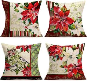 img 4 attached to 🎄 Hopyeer 4Set Vintage Merry Christmas Flower Throw Pillow Cover: Poinsettia Red Mistletoe Xmas Blessings Quote Pinecone Bird Print - Charming Home Sofa Xmas Decor Cotton Linen Cushion Case 18"x18" (Poinsettia Design)