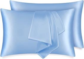 img 4 attached to Premium Set of 2 Silky Satin Pillowcases - Soft Pillow Covers for Hair and Skin - Zipper Closure - Standard Size 20x26 Inches - Light Blue