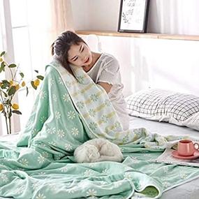 img 2 attached to 🌻 Sanacyna 6-Layer Gauze 100% Cotton Muslin Sunflower Blanket Queen Size 90"x90" Lightweight Soft Breathable Sofa Bed Coverlet All Seasons Both Sides (Green, Queen)