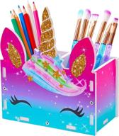 🦄 magnificent mhjy unicorn pencil holder & makeup brush organizer - 2 slots desk stationery organizer for office, classroom, and home in captivating magenta-blue логотип