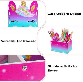 img 1 attached to 🦄 Magnificent MHJY Unicorn Pencil Holder & Makeup Brush Organizer - 2 Slots Desk Stationery Organizer for Office, Classroom, and Home in Captivating Magenta-Blue