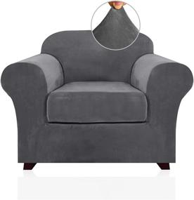 img 4 attached to 🪑 Premium Thick Soft Velour Grey Chair Covers - 2 Piece Stretch Armchair Slipcovers with Base and Cushion Cover - Sofa Covers 1 Seater Slip Cover