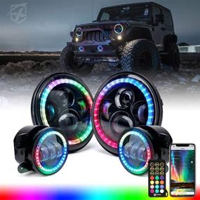 img 4 attached to 🚘 Xprite 7" Inch Dancing LED Headlights & 4" Fog Lights Combo with RGB Halo Angel Eye - Bluetooth & IR Controlled RGB Light Kits - Compatible with 2007-2018 Jeep Wrangler JK JKU
