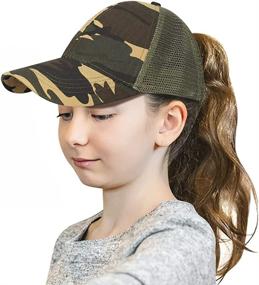 img 1 attached to Glitter Distressed Mesh Girls Baseball Cap - Criss Cross Ponytail Hat for Kids: High Messy Bun Ponycap