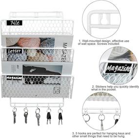 img 2 attached to 📎 PAG Hanging Wall File Holder Organizer with 5 Hooks, 3-Tier Metal Mesh Wall Mount Document Rack Mail Letter Sorter, White