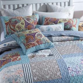 img 2 attached to 🛏️ ROOMLIFE King Size Quilt Sets: Patchwork Grid Retro Boho Bedding with Reversible 100% Cotton Coverlet and Matching Shams