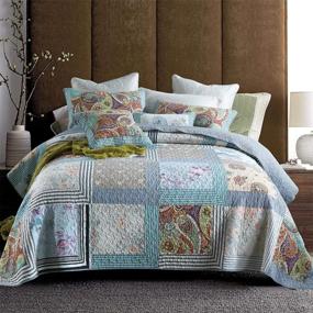 img 4 attached to 🛏️ ROOMLIFE King Size Quilt Sets: Patchwork Grid Retro Boho Bedding with Reversible 100% Cotton Coverlet and Matching Shams