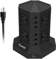 powerful tower power strip surge protector: 8 ac outlets & 6 usb ports for ultimate charging - black by powerjc logo