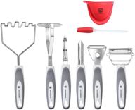 🥔 6pc stainless steel potato masher and peeler set - gray | kitchen set with comfortable grip design | includes wire masher, multi-purpose peelers | free silicone brush and oven mitt logo