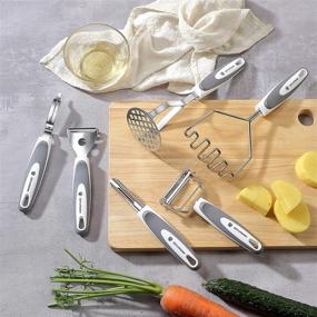 img 3 attached to 🥔 6PC Stainless Steel Potato Masher and Peeler Set - Gray | Kitchen Set with Comfortable Grip Design | Includes Wire Masher, Multi-purpose Peelers | Free Silicone Brush and Oven Mitt