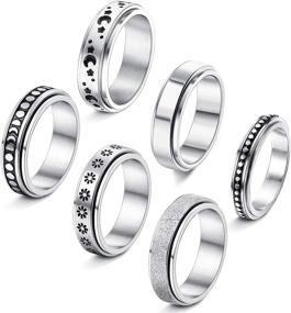 img 4 attached to FIBO STEEL 6Pcs Moon Star Spinner Ring Set for Women - Stainless Steel Fidget Band Rings with Sand Blast Finish for Stress Relief, Wedding, Promise - Available Sizes 5-11