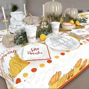 img 3 attached to 🍂 Thanksgiving Disposable Tableware Sets for 24 Guests - Paper Plates, Napkins, Cups, and Waterproof Tablecloth - Ideal for Fall Parties and Festive Thanksgiving Table Decorations with Hollow Out Design