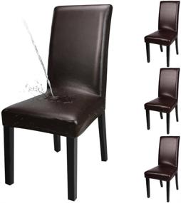 img 4 attached to 🪑 YISUN Dining Chair Covers - Waterproof and Oilproof Stretch Slipcover in Solid Pu Leather (Deep Coffee, 4 Pack)