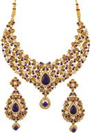 💎 indian bollywood traditional floral theme white rhinestone and blue faux sapphire bridal designer jewelry necklace set for women in antique gold tone - touchstone logo