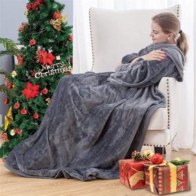 img 4 attached to 🛋️ Cozy Gray Flannel Fleece Wearable Blanket with Sleeves and Foot Pocket for Ultimate Comfort - Perfect for Adults, 260GSM Lightweight TV Blanket Throw Wrap for Bed, Sofa, Couch, Travel, Home, and Office (79" x 67")