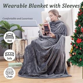 img 3 attached to 🛋️ Cozy Gray Flannel Fleece Wearable Blanket with Sleeves and Foot Pocket for Ultimate Comfort - Perfect for Adults, 260GSM Lightweight TV Blanket Throw Wrap for Bed, Sofa, Couch, Travel, Home, and Office (79" x 67")