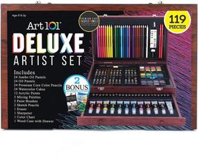 img 3 attached to 🎨 Art 101 USA Deluxe Art Set: 119-Piece Wood Case Organizer with Color Pencils, Paints, Brushes, and more!
