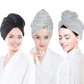 img 4 attached to 💆 Set of 3 Hair Towel Wraps for Women, Extra Soft Hair Drying Towels, Frizz-Proof & Highly Absorbent Hair Turbans, Ideal for Curly, Long & Thick Hair (Gray, Dark Gray, Stripe)