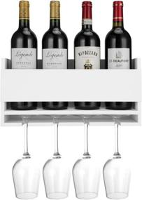 img 1 attached to 🍷 Kakivan White Wall Mounted Wine Rack & Glass Holder for 4 Red Wine Glasses Storage, Wooden Bottle Shelf for Farmhouse Kitchen Decor, Floating Organizer for Living Room Display.