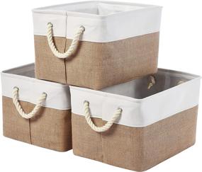 img 4 attached to Large Decorative Foldable Fabric Storage Bins for Closet Shelves, 15.8 📦 L x 12 W x 10 H, with Rope Handles and Jute Cloth