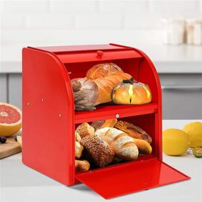 img 3 attached to Red Double Compartment Roll Top Bread Box by Hossejoy - Stylish Metal 🍞 Bread Storage Bin for Countertop - Double Layer Breadbox Container Holder Ideal for Kitchen Counter