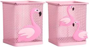 img 4 attached to 🦩 2-Pack Flamingo Metal Pen Pencil Holder – Square Desk Organizer Cup for Office Home, Caddy Box for Makeup Brushes, Cute Girls' Brush Holder