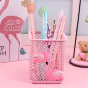 img 3 attached to 🦩 2-Pack Flamingo Metal Pen Pencil Holder – Square Desk Organizer Cup for Office Home, Caddy Box for Makeup Brushes, Cute Girls' Brush Holder