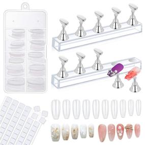 img 4 attached to 💅 Silver Acrylic Nail Holder Stands - Flasoo Magnetic Press On Nail Practice Set with Nail Tip Holders, Crystal Bases, Clear Fake Nails, and Reusable Adhesive Putty