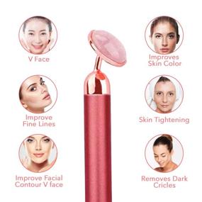 img 1 attached to Eximius Power Rose Quartz Vibrating Facial Jade Derma Roller & Massager: Detoxify and Rejuvenate Skin for a Glowing Complexion